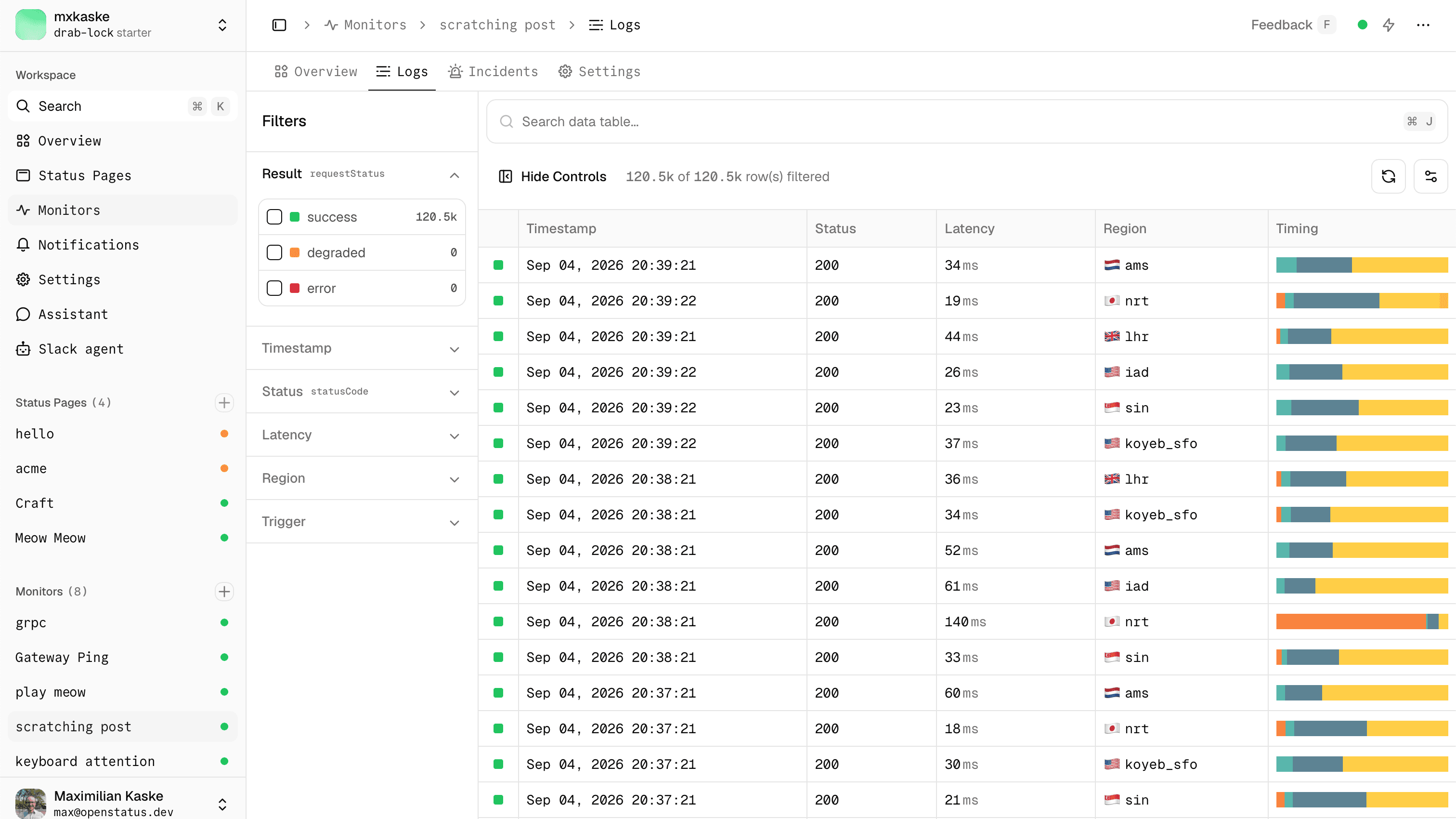 The new Logs tab in the openstatus dashboard.